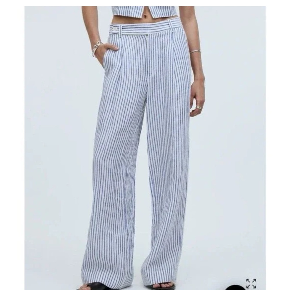 Madewell The Harlow wide-leg Pant Blue Stripe Linen Sz 4 Beach Nautical